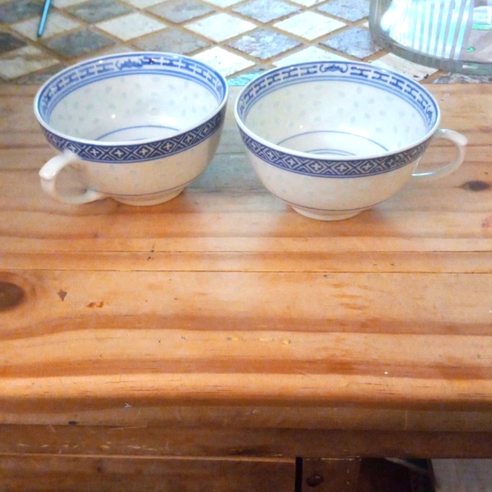 Blue White Lotus Chrysanthemum Rice Eye Teacups NO Saucers